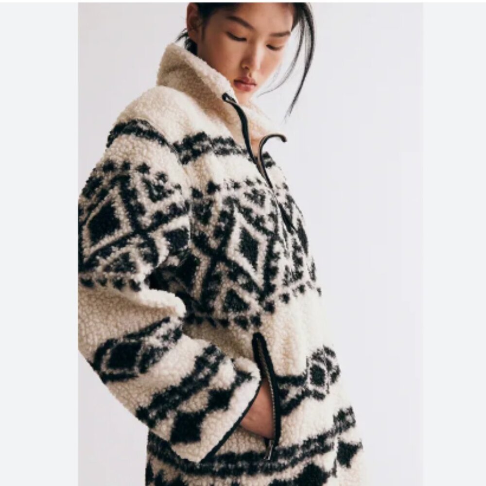 Warm Jacket Half-Zip Ivory Black Patterned - image 5